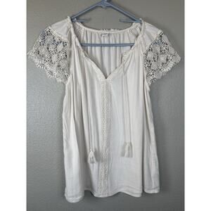 Old Navy Women’s Relaxed Tie Neck Crochet Lace Sleeve Blouse Peasant XS White‎